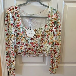 Lost + Wander Cropped Floral Blouse - Green and Yellow. NWT
